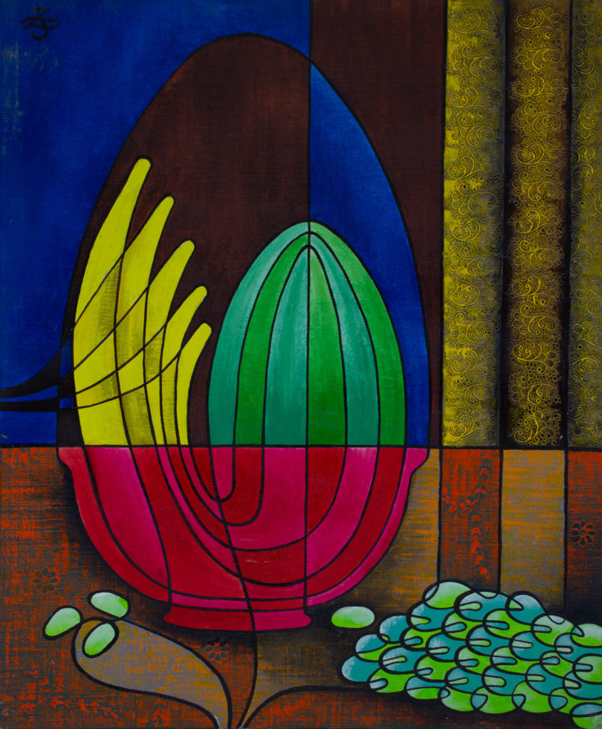 Zetun Jebor Cosmic Painting- Still-life (red bowl, bananas, melon, etc)