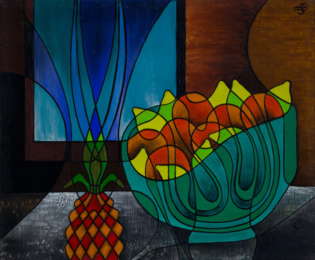 Zetun Jebor Cosmic Painting-still-life (green bowl, citrus, pineapple)