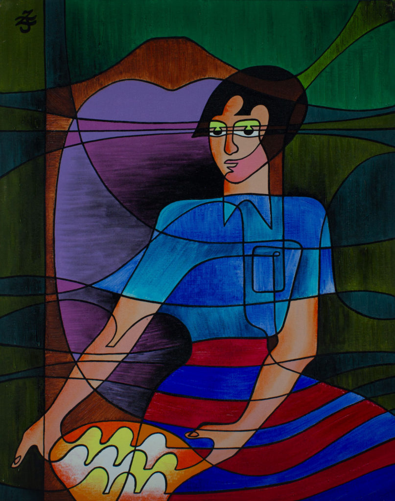Zetun Jebor Cosmic Painting- the bowl of eggs (girl in striped skirt)