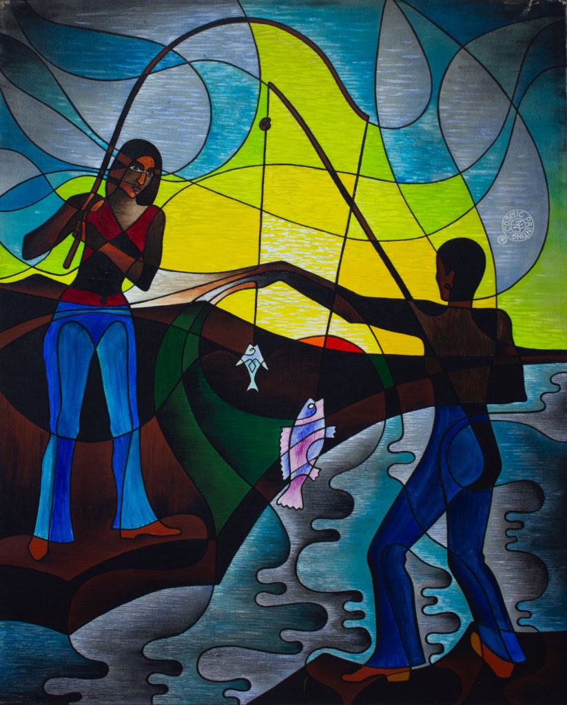 Zetun Jebor Cosmic Painting- At the crack of Dawn (2 figures fishing)